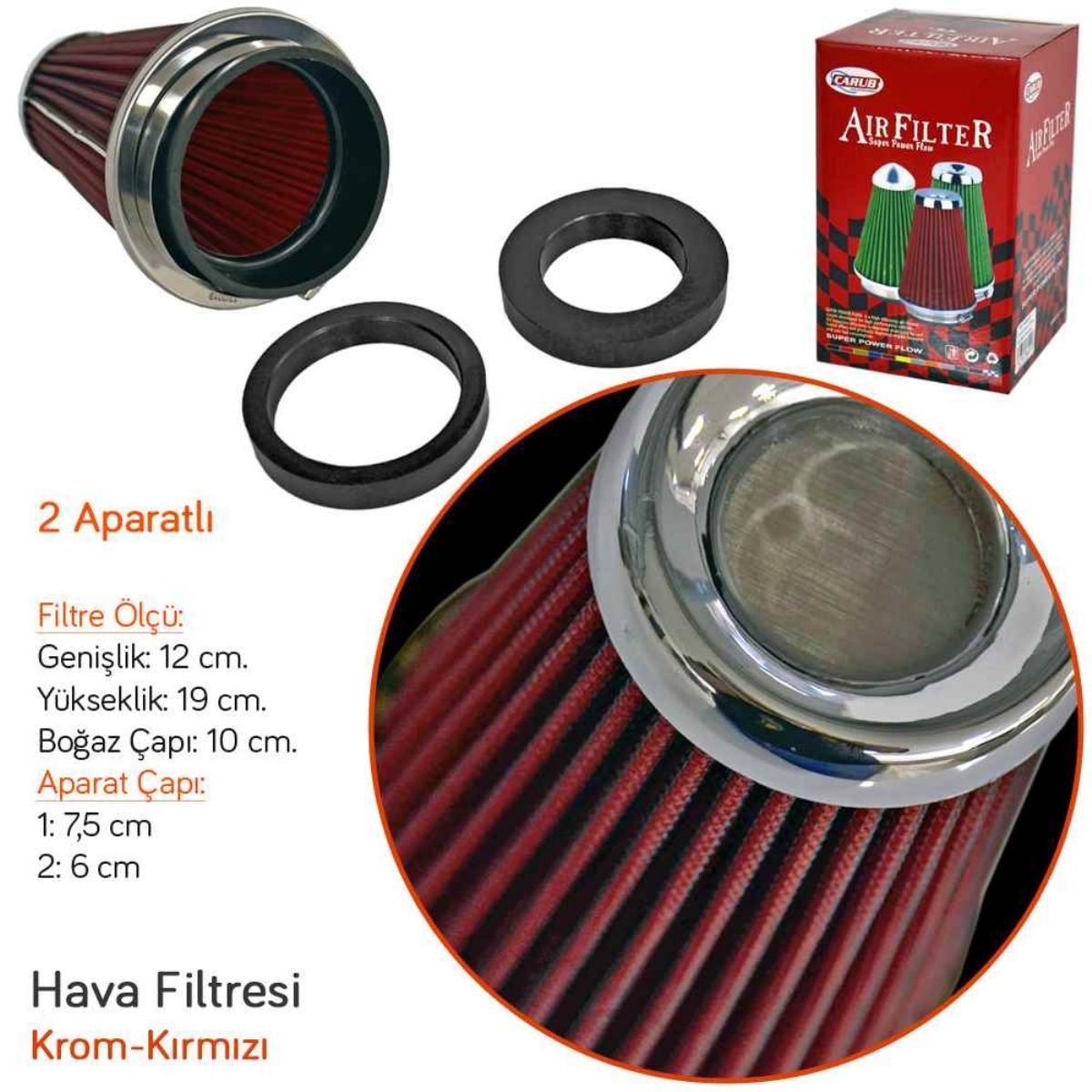 Carub Ses & Performans Arttırıcı Açık Hava Filtresi Uzun Tip Kırmızı +6 Hp Aparatlı Üniversal image 2
