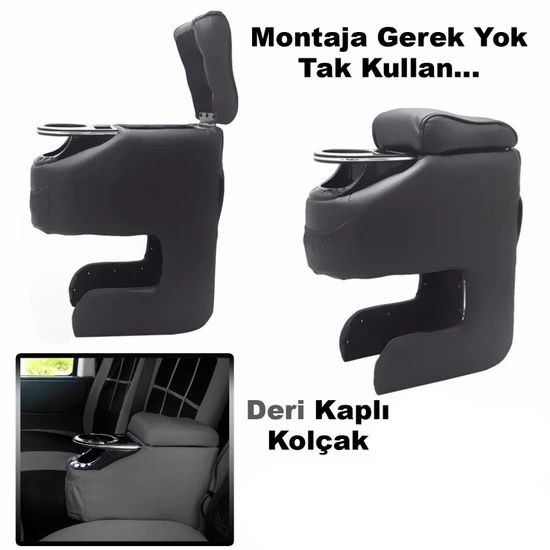 Üniversal Montajsız Bardaklı Taşlı Deri Kolçak Kol Dayama Gri Vidasız Her Araca Uygun image 2
