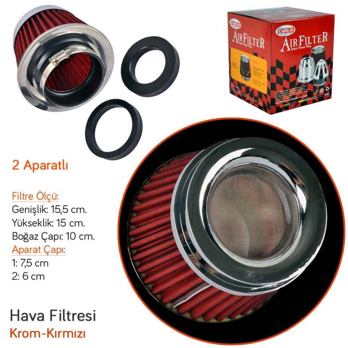 Carub Performans ve Ses Arttırıcı Açık Hava Filtresi +6 Hp Kapalı Tip Kırmızı Aparatlı Üniversal image 2