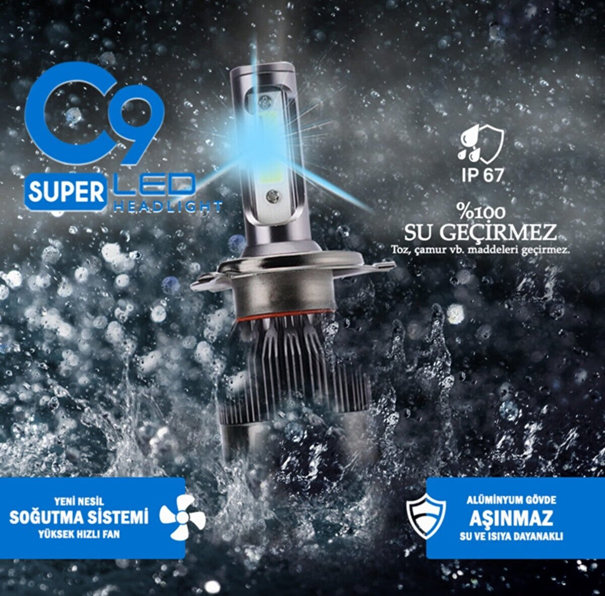 C9 Ultra Buz Mavi Led Xenon Soğutuculu Far Ampulü 9400 LM 10000K Şimşek Etkili Zenon H11 image 5