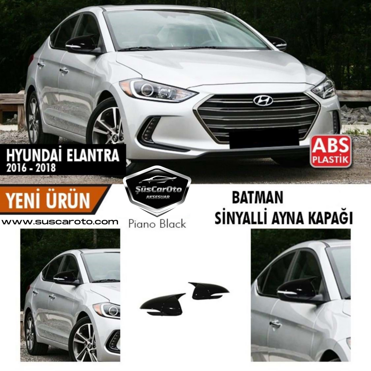 Hyundai Elantra Sinyalli 2016-2018 Batman Yarasa Ayna Kapağı Piano Black ABS Plastik image 0