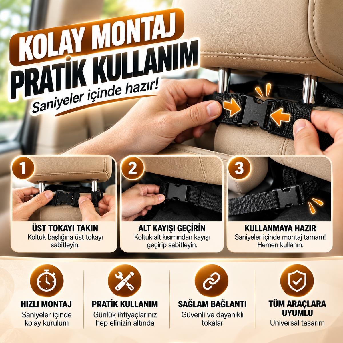 Premium Oto Koltuk Arkası Organizer Koruyucu ve Düzenleyici Suni Deri Su Geçirmez Çok Cepli Fonksiyonlu Araba İçi Cep Çanta Üniversal Bej