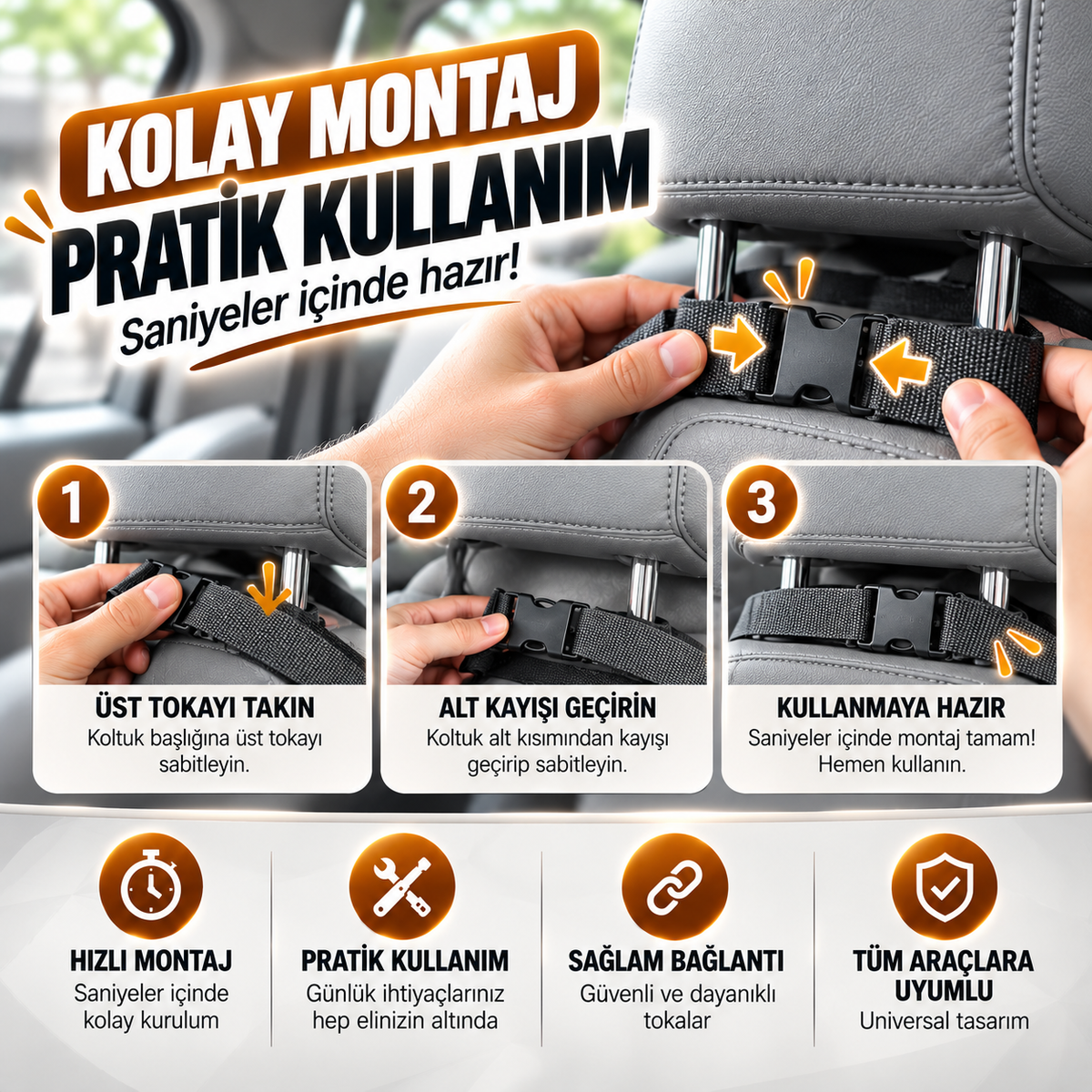 Premium Oto Koltuk Arkası Organizer Koruyucu ve Düzenleyici Suni Deri Su Geçirmez Çok Cepli Fonksiyonlu Araba İçi Cep Çanta Üniversal Gri