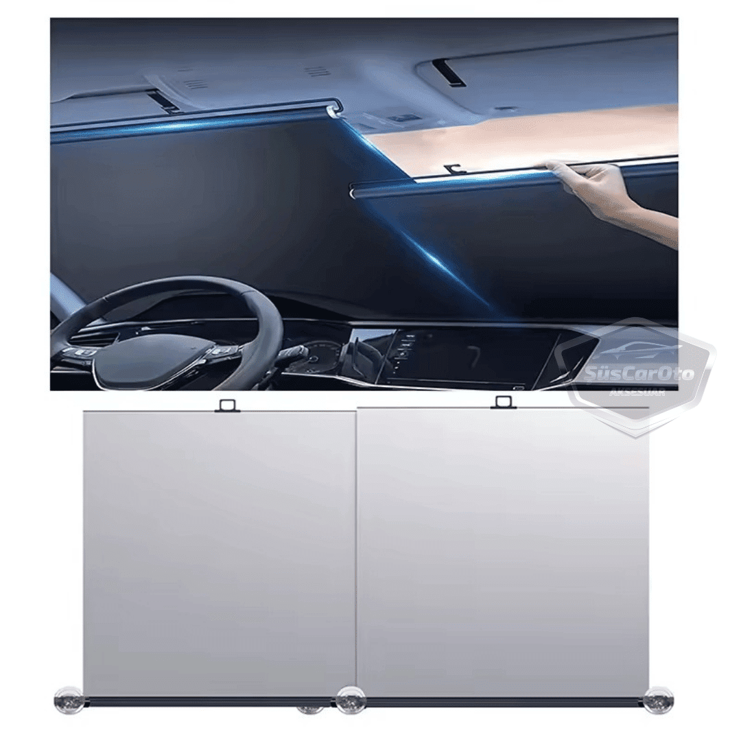Universal Oto Katlanır Stor Perde Güneşlik Ön Arka Cam Gölgelik Otomatik Sürgülü Yeni Nesil Güneş Koruyucu Oto Araba Suv Tır 73 cm x 105 cm 2 Adet image 5