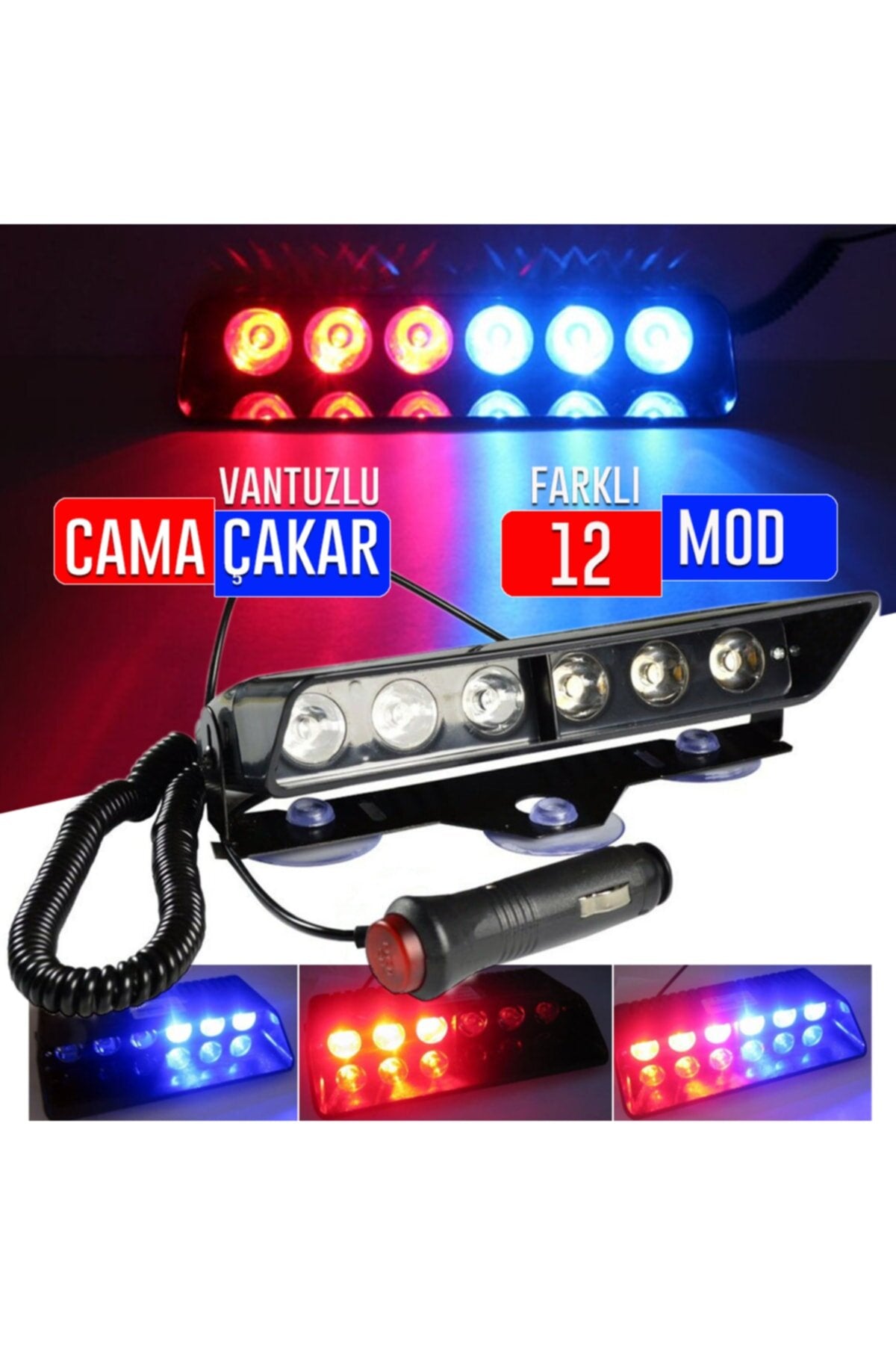 S6 Cam İçi Vantuzlu Polis Çakar 6 Ledli Kırmızı Mavi 12 Mod Çakmaklık Girişli image 0