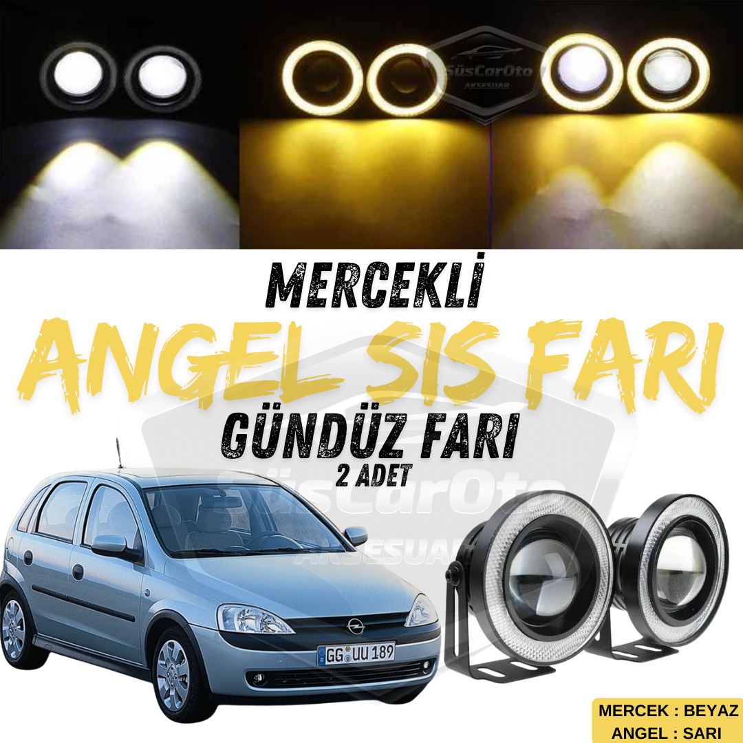 Opel Corsa C 2000-2006 Uyumlu Üniversal Mercekli Angel Sis Farı Metal Su Geçirmez 76 mm Sarı Halkalı Gündüz Farı Angel Eyes 2 Adet image 0