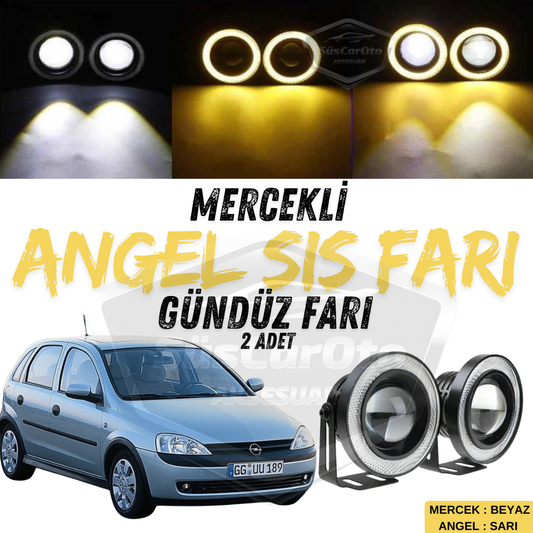 Opel Corsa C 2000-2006 Uyumlu Üniversal Mercekli Angel Sis Farı Metal Su Geçirmez 76 mm Sarı Halkalı Gündüz Farı Angel Eyes 2 Adet image 0