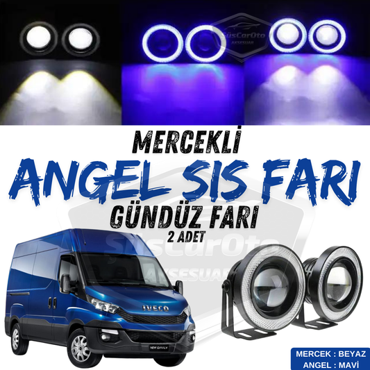 Iveco Daily Uyumlu Üniversal Mercekli Angel Sis Farı Metal Su Geçirmez 76 mm Mavi Halkalı Gündüz Farı Angel Eyes 2 Adet image 0