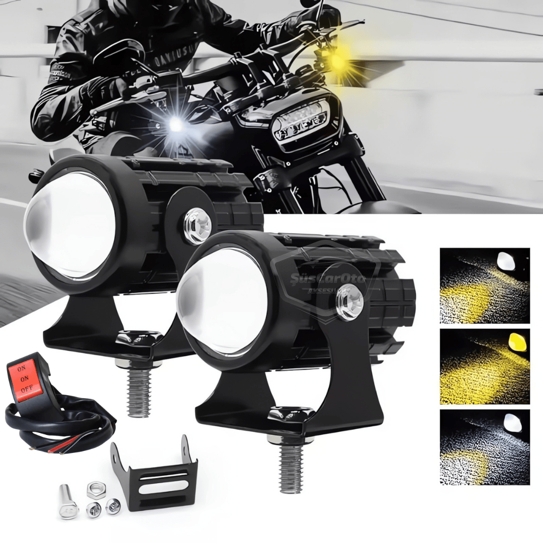 Motosiklet Mini Sis Farı Çift Renk Sarı-Beyaz Aç Kapa Düğmeli Scooter Araç Off Road Led Lamba 8V-80V Projektör Metal Kasa Arazi Çalışma Lambası 2 Adet Set image 0