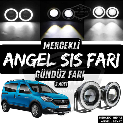 Dacia Dokker 2012-2022 Uyumlu Üniversal Mercekli Angel Sis Farı Metal Su Geçirmez 76 mm Beyaz Halkalı Gündüz Farı Angel Eyes 2 Adet image 0