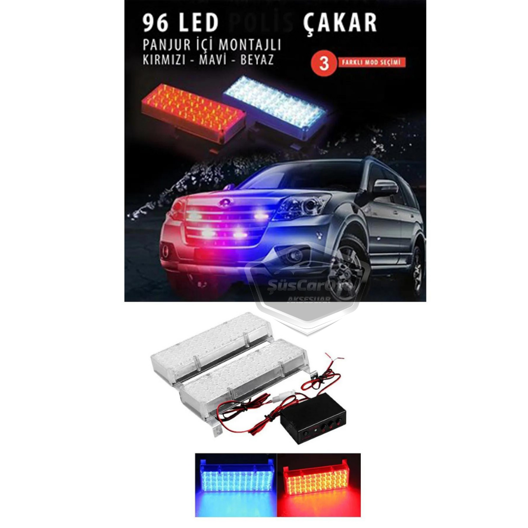 96 Led 3 Modlu Panjur İçi Çakar Led Panjur Arası Çakar Kırmızı Mavi 48x2 Led Lamba Flaşlı Polis Işığı 12V image 1