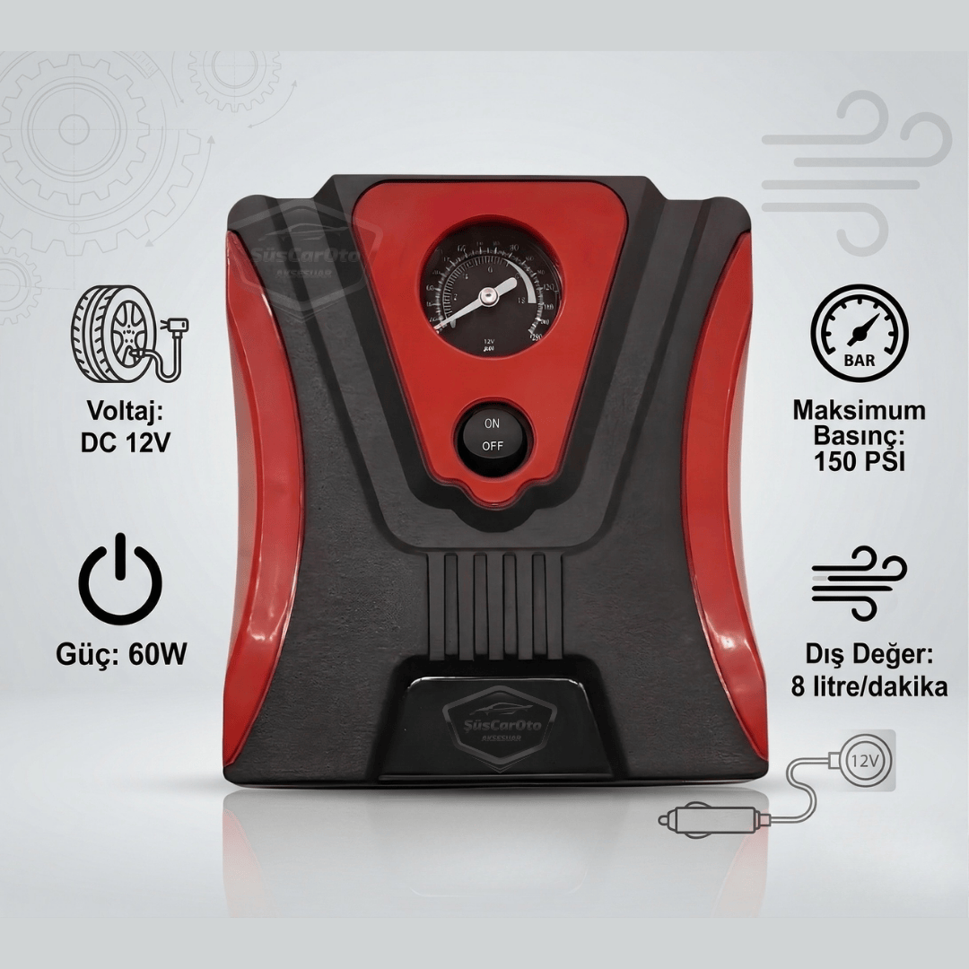 Taşınabilir Oto Hava Kompresörü Araç Hava Pompası 12V Mini Lastik Bot Şişirme Çakmaklık Girişli Basınç Göstergeli 150 PSİ 60W image 0