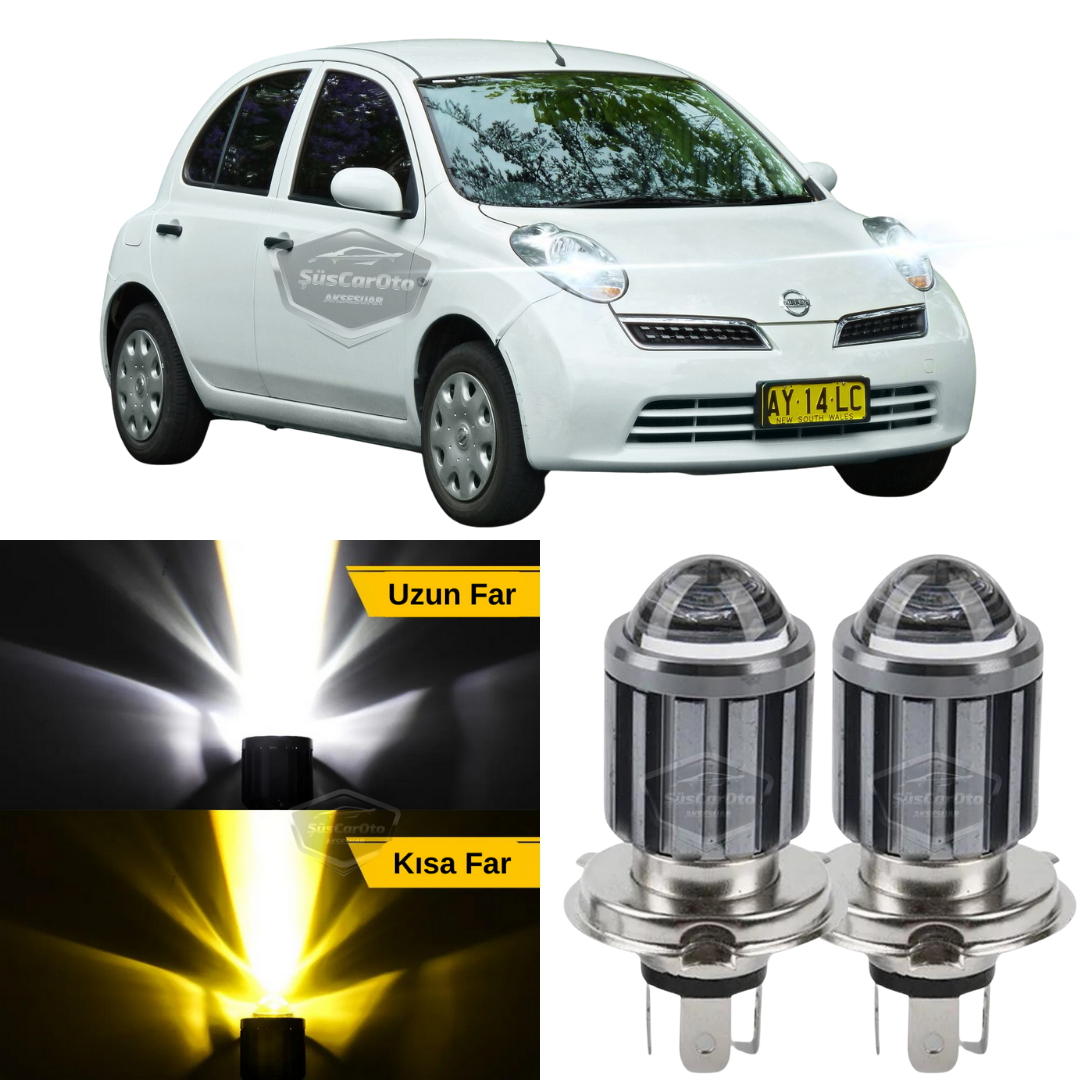 Nissan Micra 2002-2010 Uyumlu Mercekli Far Ampulü Led Xenon Çift Renk Sarı-Beyaz Far Şimşek Etkili CSP Led Lamba Uzun Kısa 2 Adet Takım image 0