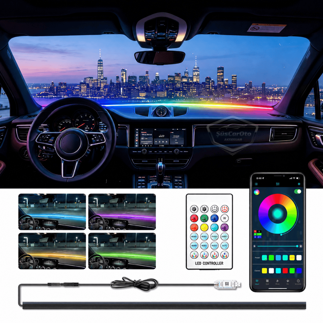 Universal Araç İçi App ve Kumanda Kontrollü Ön Cam Fitil Ambiyans RGB Atmosfer Cam Önü Ambiyans Led Neon Lamba Ses Yalıtım Fitili USB Girişli Montajsız image 1