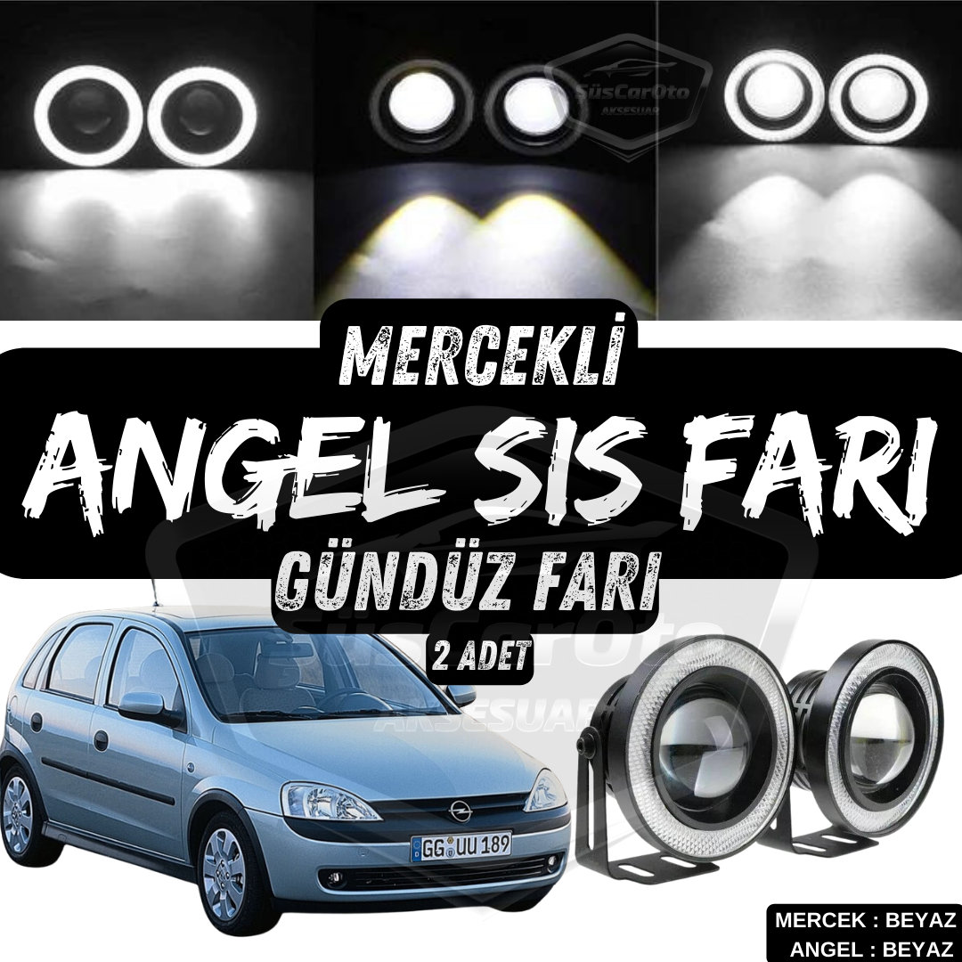 Opel Corsa C 2000-2006 Uyumlu Üniversal Mercekli Angel Sis Farı Metal Su Geçirmez 76 mm Beyaz Halkalı Gündüz Farı Angel Eyes 2 Adet image 0