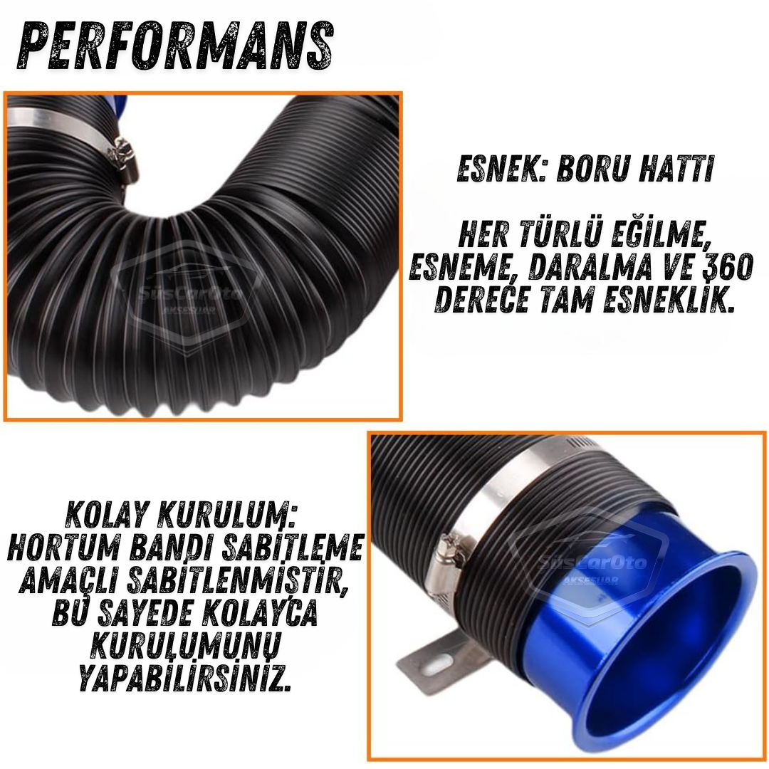 Universal Akordiyon Açık Hava Filtre Borusu Performans ve Ses Arttırıcı Uzayan Esnek Hortum 75 mm Hava Filtre Uzatma Sprali Mavi image 1