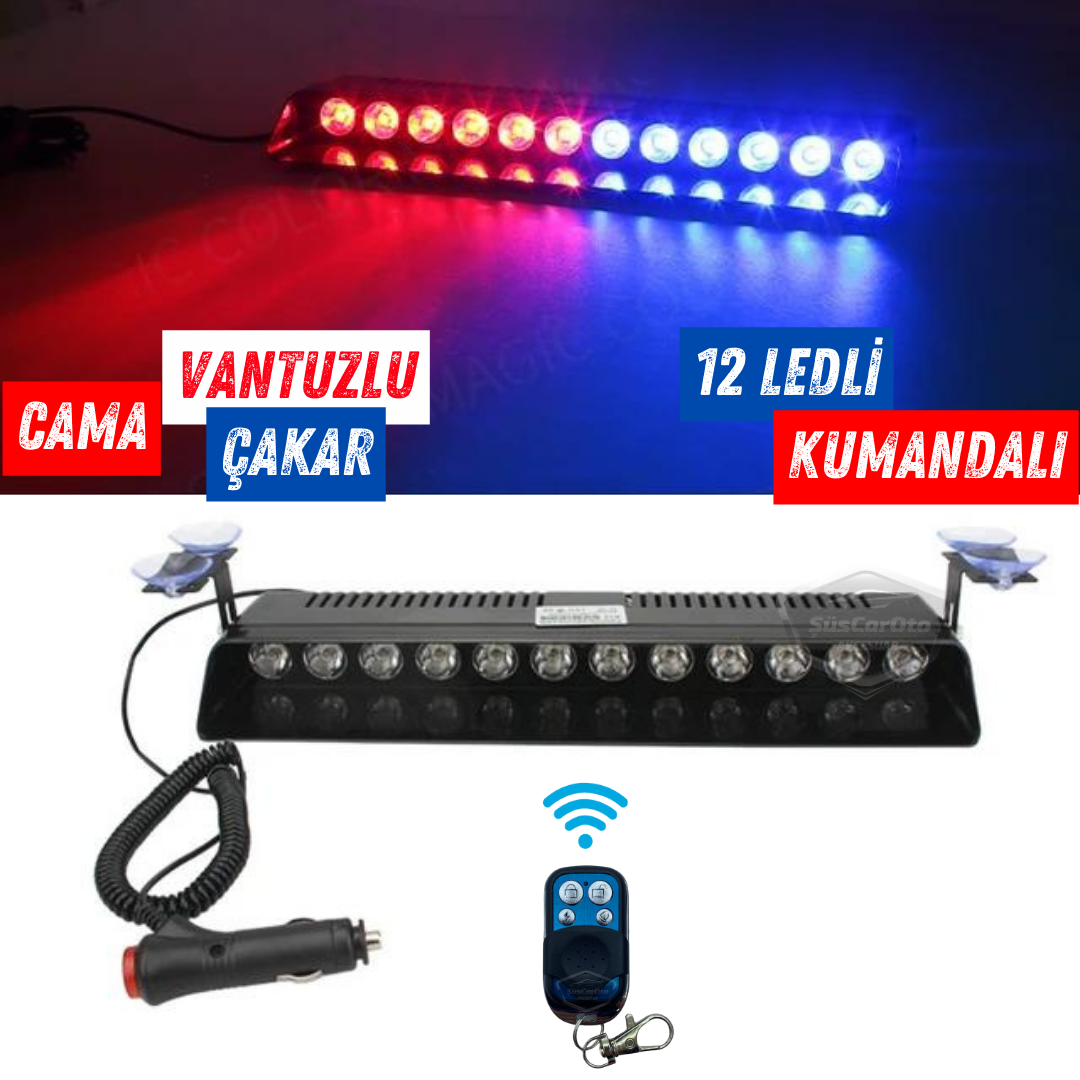 S12 Kumandalı Cam İçi Vantuzlu Polis Çakar Lamba İkaz Lambası 12 Ledli 14 Farklı Mod Kablosuz Kırmızı Mavi Çakmaklık Girişli image 0