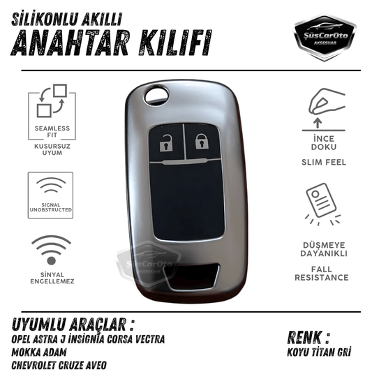 Opel Astra J İnsignia Corsa Vectra Mokka Adam Chevrolet Cruze Aveo Sustalı Anahtar Uyumlu Silikon Anahtar Kılıfı Oto Anahtar Kabı Darbe Emici Anahtarlık Koyu Titan Gri image 0