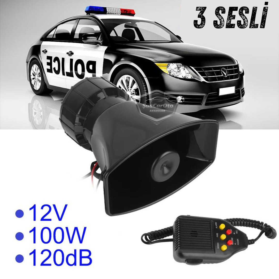 Her Araca Uyumlu Üniversal Ses Kaydetme ve Çalma Özellikli Siren 3 Farklı Siren Sesi Güçlü Polis Sireni Mikrofonlu Megafonlu Korna 12V 100W image 6