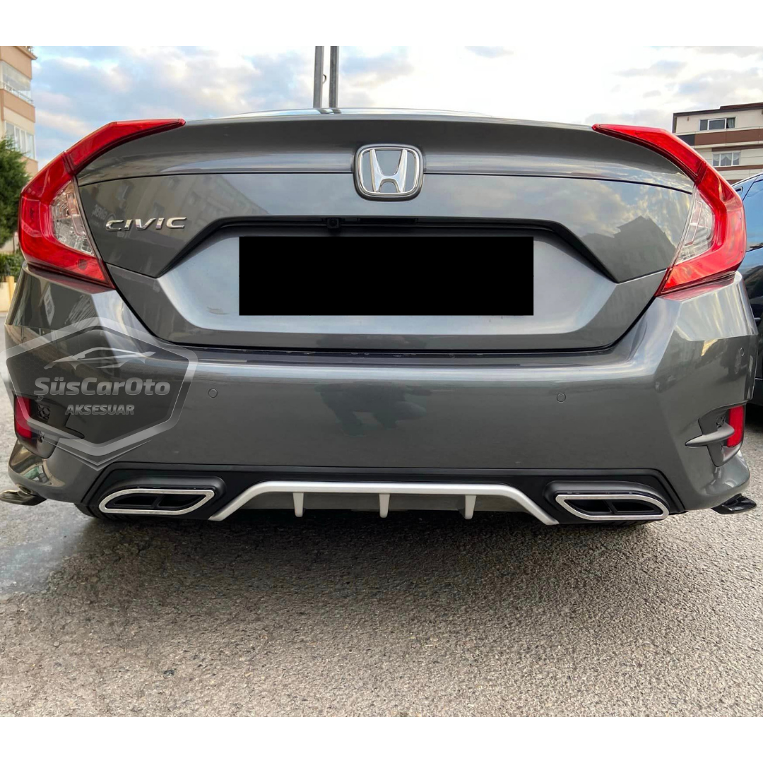 Honda Civic FC5 2016-2021 Araca Özel Siyah Gri Arka Difüzör Tırnaklı Çift Kare Egzoz Çıkışlı Arka Tampon Eki İthal 1.Sınıf image 0