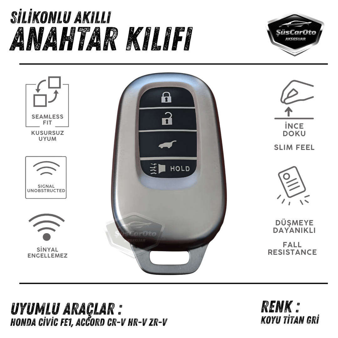 Honda Civic FE1 Accord CR-V HR-V ZR-V Uyumlu Silikon Anahtar Kılıfı Oto Anahtar Kabı Darbe Emici Anahtarlık Koyu Titan Gri image 0