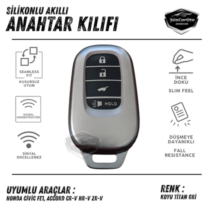 Honda Civic FE1 Accord CR-V HR-V ZR-V Uyumlu Silikon Anahtar Kılıfı Oto Anahtar Kabı Darbe Emici Anahtarlık Koyu Titan Gri image 0