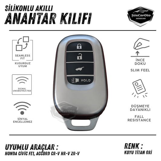 Honda Civic FE1 Accord CR-V HR-V ZR-V Uyumlu Silikon Anahtar Kılıfı Oto Anahtar Kabı Darbe Emici Anahtarlık Koyu Titan Gri image 0