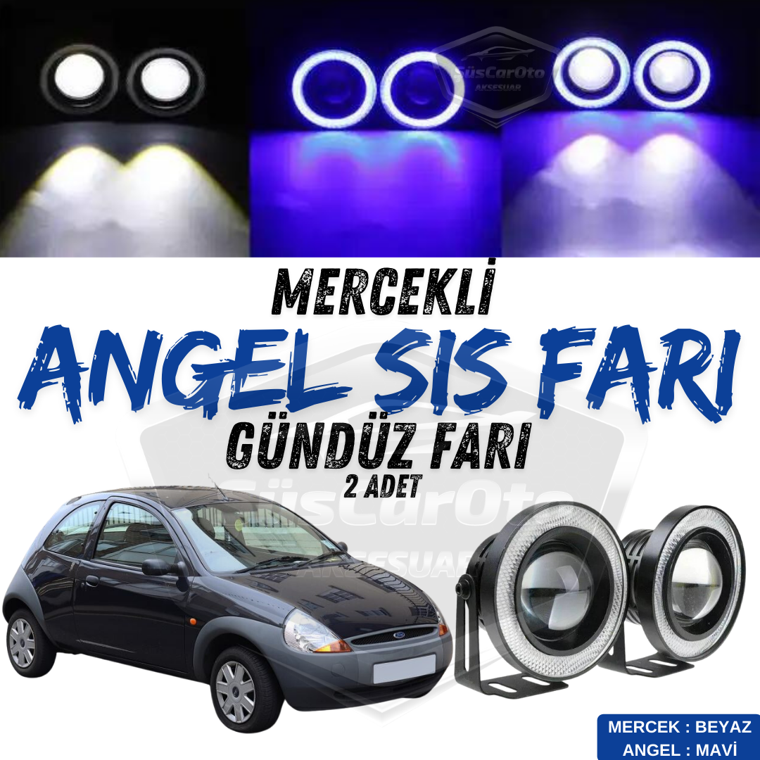 Ford Ka 1996-2008 Uyumlu Üniversal Mercekli Angel Sis Farı Metal Su Geçirmez 76 mm Mavi Halkalı Gündüz Farı Angel Eyes 2 Adet image 0