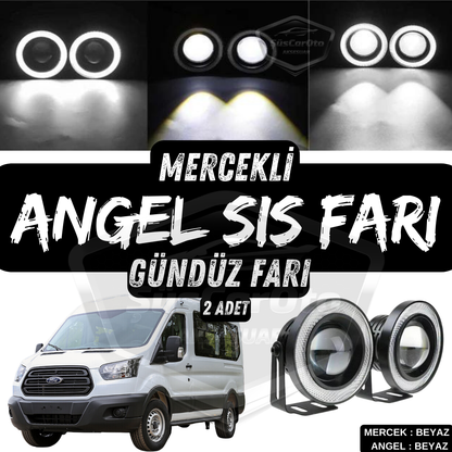 Ford Transit Tüm Modeller Uyumlu Üniversal Mercekli Angel Sis Farı Metal Su Geçirmez 76 mm Beyaz Halkalı Gündüz Farı Angel Eyes 2 Adet image 0