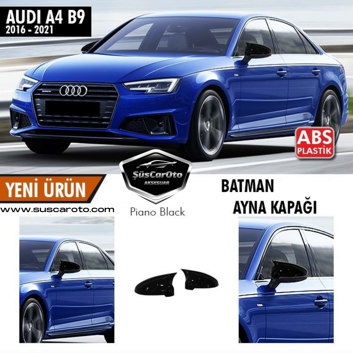 Audi A4 B9 Sinyalli 2016-2021 Batman Yarasa Ayna Kapağı Piano Black ABS Plastik image 0