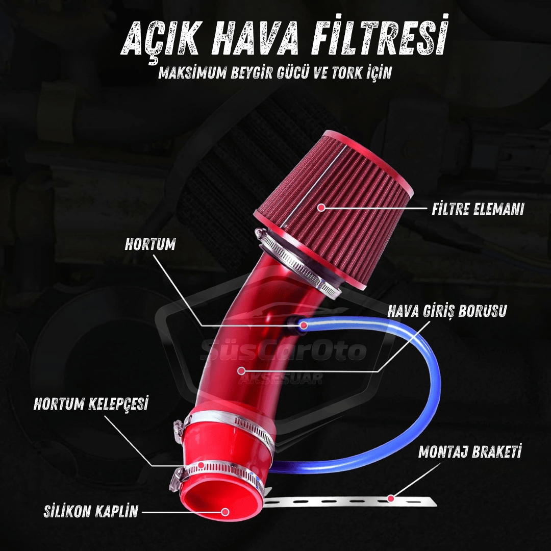 Universal Ses &amp; Performans Arttırıcı Açık Hava Filtre Kiti Set Alüminyum Alaşımlı Krom Bigtube +6 Hp 65-75 mm Kırmızı image 3