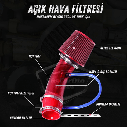 Universal Ses &amp; Performans Arttırıcı Açık Hava Filtre Kiti Set Alüminyum Alaşımlı Krom Bigtube +6 Hp 65-75 mm Kırmızı image 3