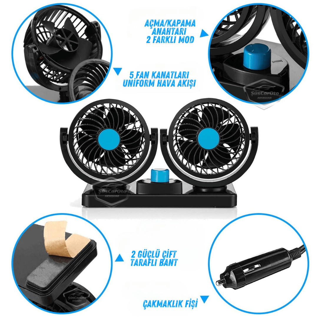 Üniversal Oto Ofis Araç İçi Torpido Üstü Vantilatör Çift Başlıklı Çakmaklık Girişli 2 Kademeli Soğutucu Fan 360° Dönebilen Ultra Sessiz Araç Fanı 12V Mavi image 2
