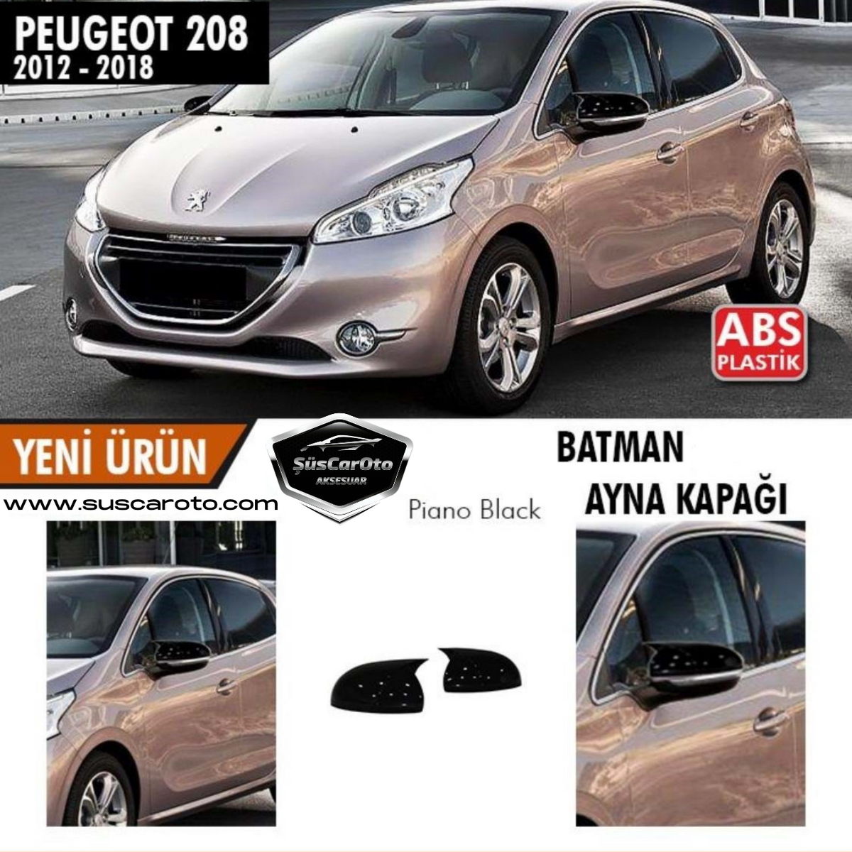 Peugeot 208 2012-2018 Batman Yarasa Ayna Kapağı Piano Black ABS Plastik image 0