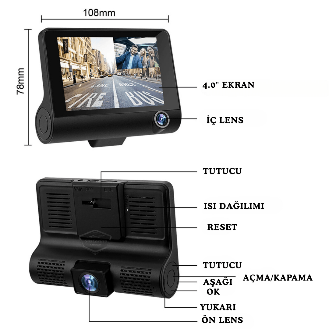 3 Kameralı Kayıt Cihazı İç Ön Arka Geri Görüş Kameralı Monitör 4.0" 1080P Full HD Kayıt Çarpışma Algılayıcı Sensörlü Gece Görüşlü Park Sensörü Sesli Yol Kayıt image 7