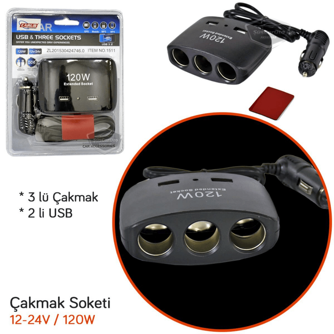 Üniversal 3 lü Çakmak Soketi 120W Çakmaklık Çoğaltıcı 2 Usb Araç Şarj Cihazı Çakmaklık Şarj Çakmak Çoklayıcı 12v/24v image 1
