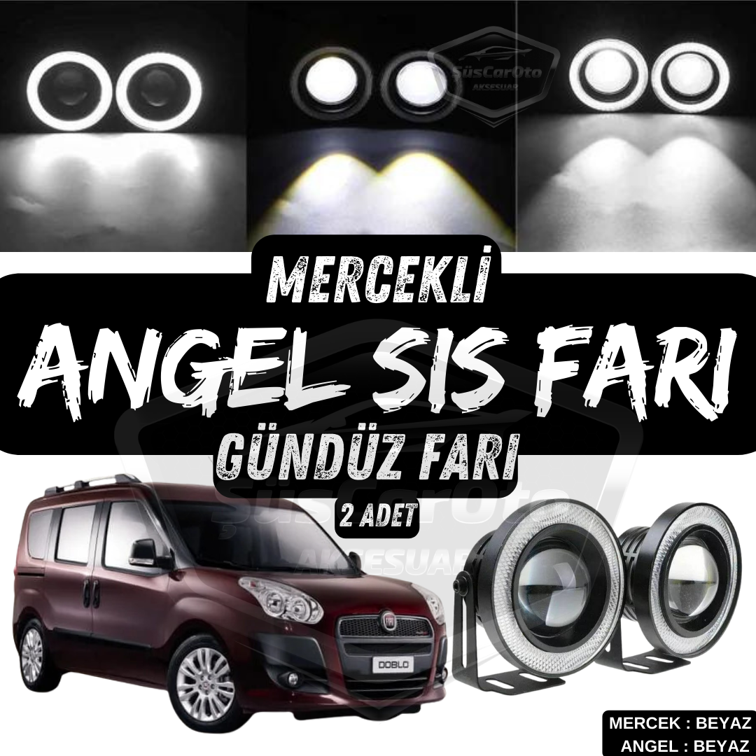 Fiat Doblo D3 2010-2015 Uyumlu Üniversal Mercekli Angel Sis Farı Metal Su Geçirmez 76 mm Beyaz Halkalı Gündüz Farı Angel Eyes 2 Adet image 0