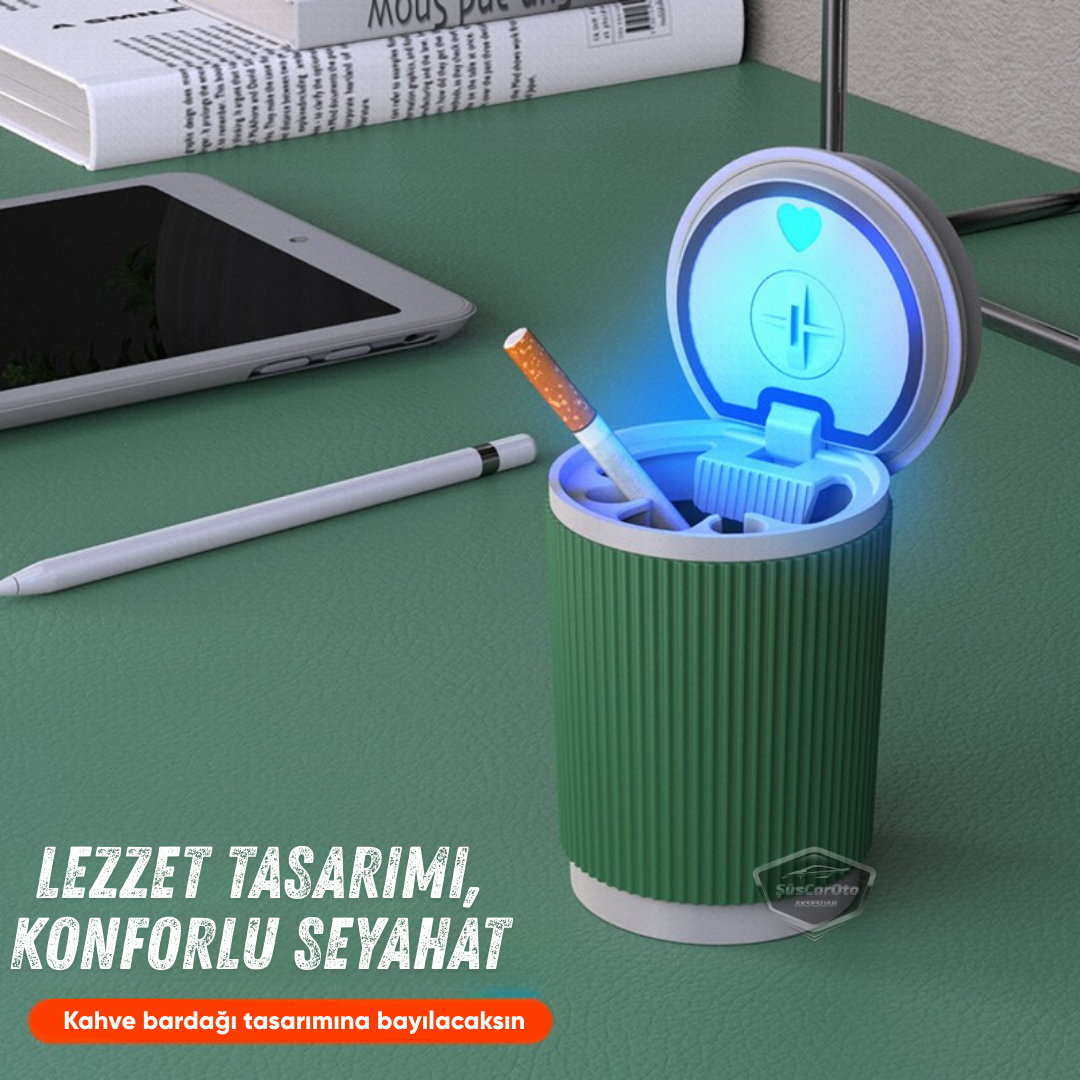 Üniversal Kahve Bardağı Görünümlü Led Işıklı Yanmaz Koku Geçirmez Oto Küllük Dumansız Sızdırmaz Kapaklı Araç İçi Küllük Araba Küllüğü Yeşil Beyaz image 0