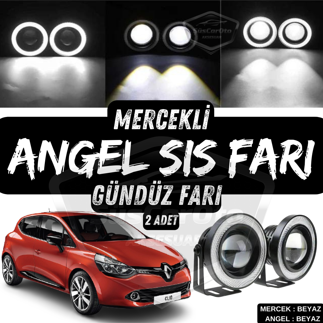 Renault Clio 4 2012-2020 Uyumlu Üniversal Mercekli Angel Sis Farı Metal Su Geçirmez 76 mm Beyaz Halkalı Gündüz Farı Angel Eyes 2 Adet image 0