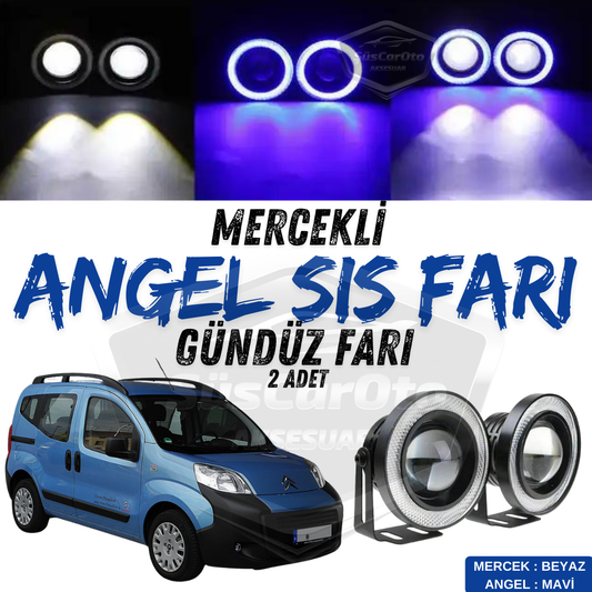 Citroen Nemo 2008-2022 Uyumlu Üniversal Mercekli Angel Sis Farı Metal Su Geçirmez 76 mm Mavi Halkalı Gündüz Farı Angel Eyes 2 Adet image 0