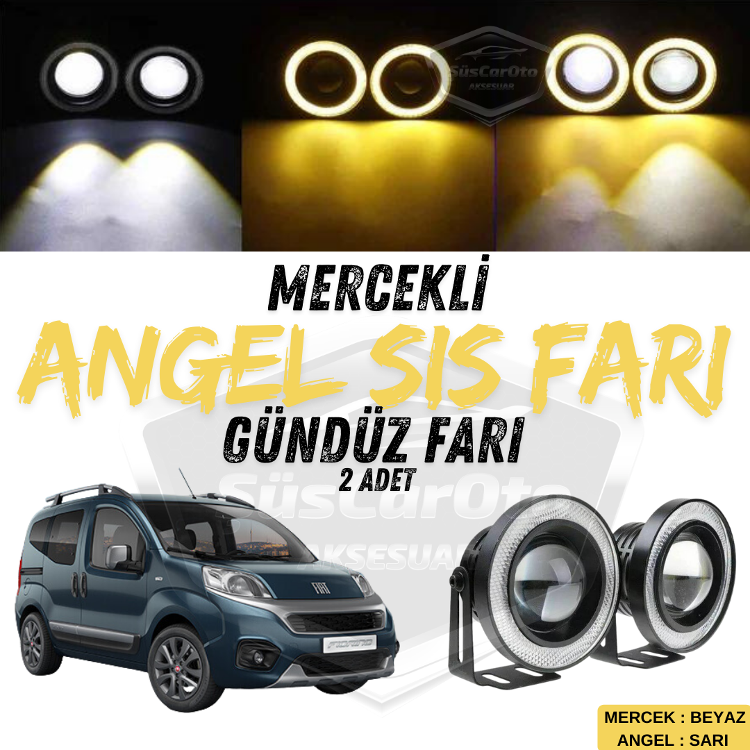 Fiat Fiorino 2008-2023 Uyumlu Üniversal Mercekli Angel Sis Farı Metal Su Geçirmez 76 mm Sarı Halkalı Gündüz Farı Angel Eyes 2 Adet image 0