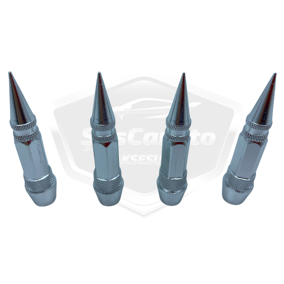 Sivri Sibop Kapağı Mermi Sibop Kapağı Araba Motosiklet Bisiklet Metal 4 lü Set Gümüş Krom image 4