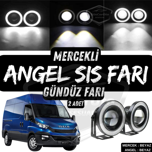 Iveco Daily Uyumlu Üniversal Mercekli Angel Sis Farı Metal Su Geçirmez 76 mm Beyaz Halkalı Gündüz Farı Angel Eyes 2 Adet image 0