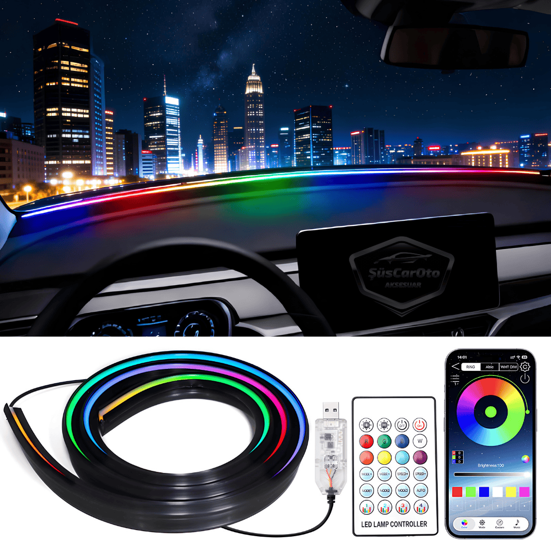 Universal Araç İçi App ve Kumanda Kontrollü Ön Cam Fitil Ambiyans RGB Atmosfer Cam Önü Ambiyans Led Neon Lamba Ses Yalıtım Fitili USB Girişli Montajsız image 0