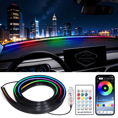 Universal Araç İçi App ve Kumanda Kontrollü Ön Cam Fitil Ambiyans RGB Atmosfer Cam Önü Ambiyans Led Neon Lamba Ses Yalıtım Fitili USB Girişli Montajsız image 0
