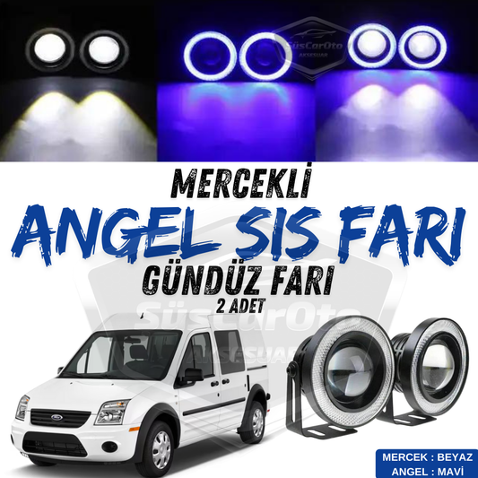 Ford Transit Connect 2002-2013 Uyumlu Üniversal Mercekli Angel Sis Farı Metal Su Geçirmez 76 mm Mavi Halkalı Gündüz Farı Angel Eyes 2 Adet image 0