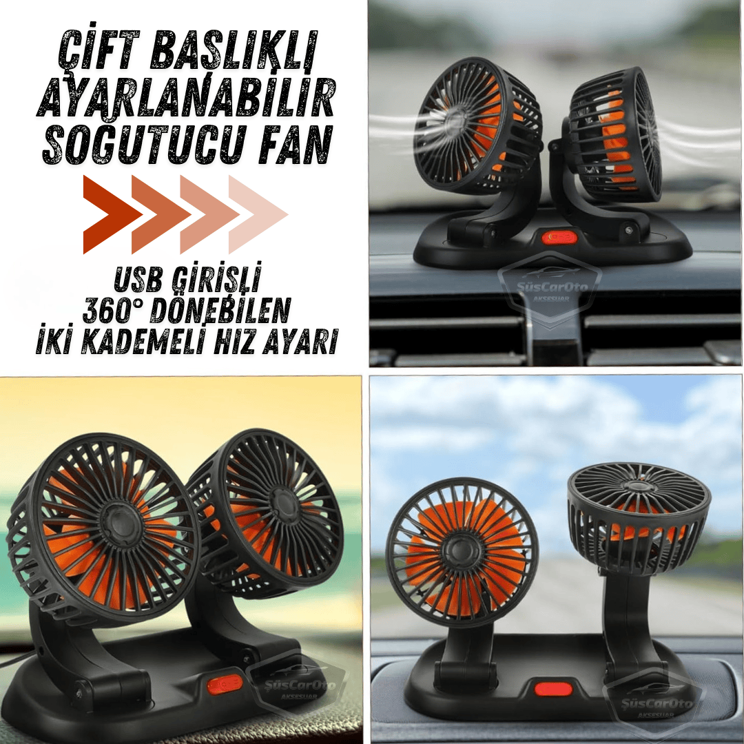 Üniversal Oto Ofis Araç İçi Torpido Üstü Vantilatör Çift Başlıklı USB Girişli 2 Kademeli Soğutucu Fan 360° Dönebilen Ultra Sessiz Oynar Başlıklı Araç Fanı image 0