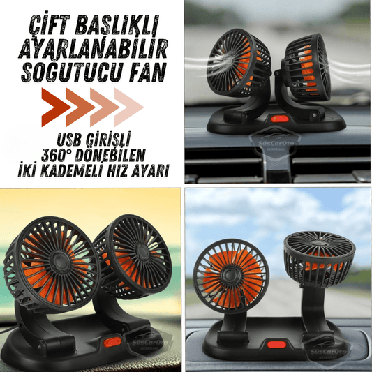 Üniversal Oto Ofis Araç İçi Torpido Üstü Vantilatör Çift Başlıklı USB Girişli 2 Kademeli Soğutucu Fan 360° Dönebilen Ultra Sessiz Oynar Başlıklı Araç Fanı image 0
