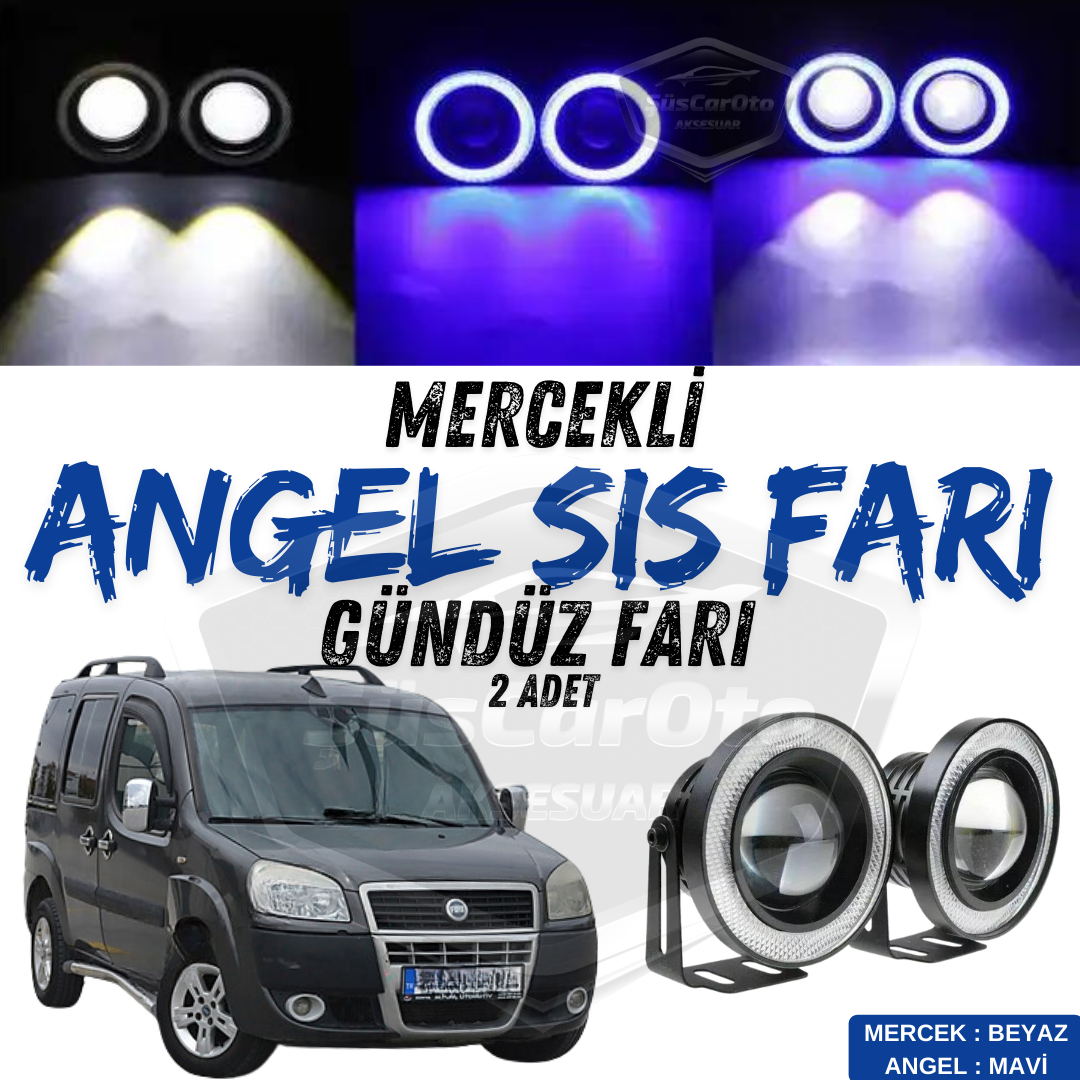 Fiat Doblo D2 2005-2010 Uyumlu Üniversal Mercekli Angel Sis Farı Metal Su Geçirmez 76 mm Mavi Halkalı Gündüz Farı Angel Eyes 2 Adet image 0