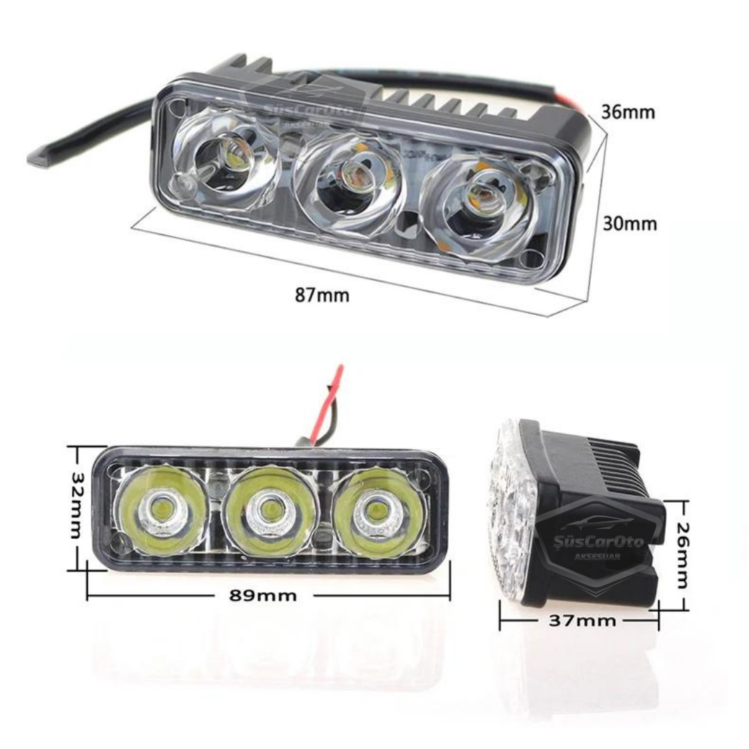 DRL 3 Led Mercekli Araba Gündüz Farı Araç Motosiklet Gündüz Ledi Oto DRL Led Lamba Güçlü Işık 12V Su Geçirmez Metal Beyaz 2 Adet image 4